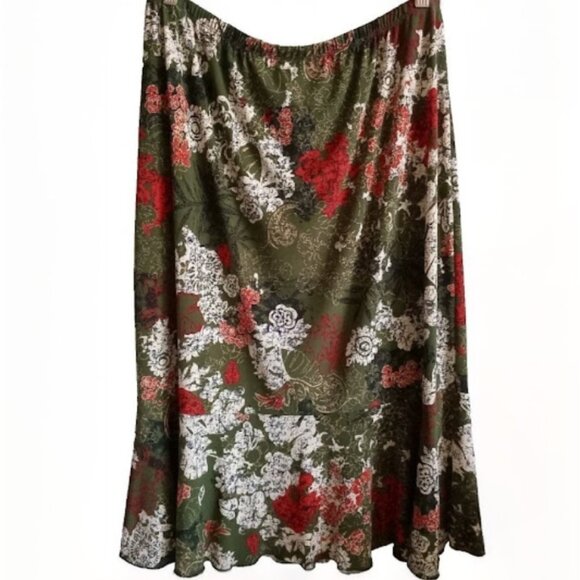 Vtg Women's Floral Midi Skirt Green Red White Boho Cottage core Flowy Sz L - Picture 1 of 7